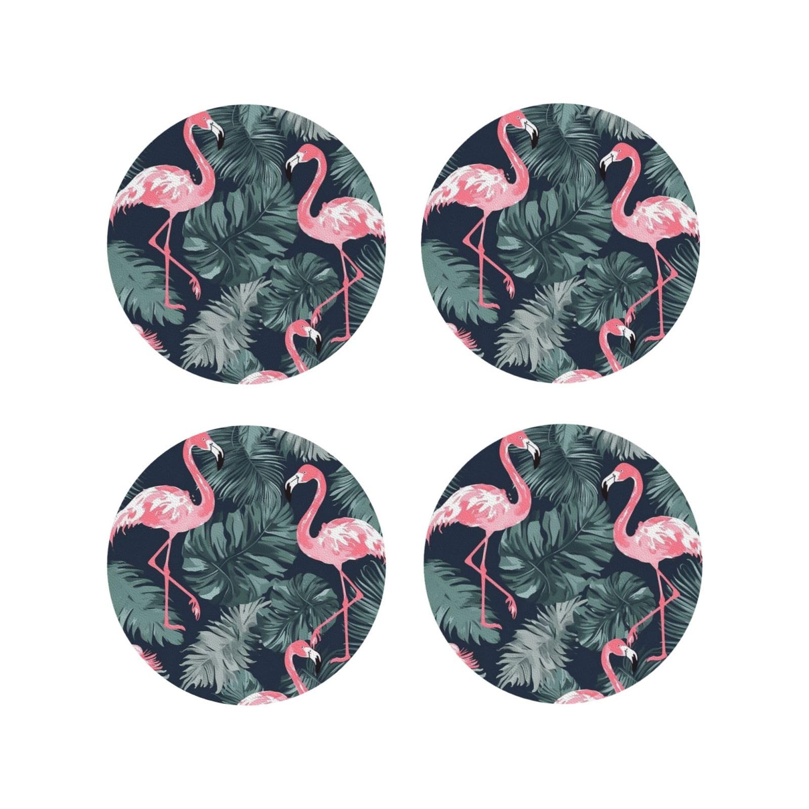 4pcs Drink Coasters for Tabletop Protection, 4" Leather Coasters for Drinks, Flamingo and Leaves Cup Coasters for Coffee Table Decor, Non-Slip Drinking Cup Mat for Hot Or Cold Drink
