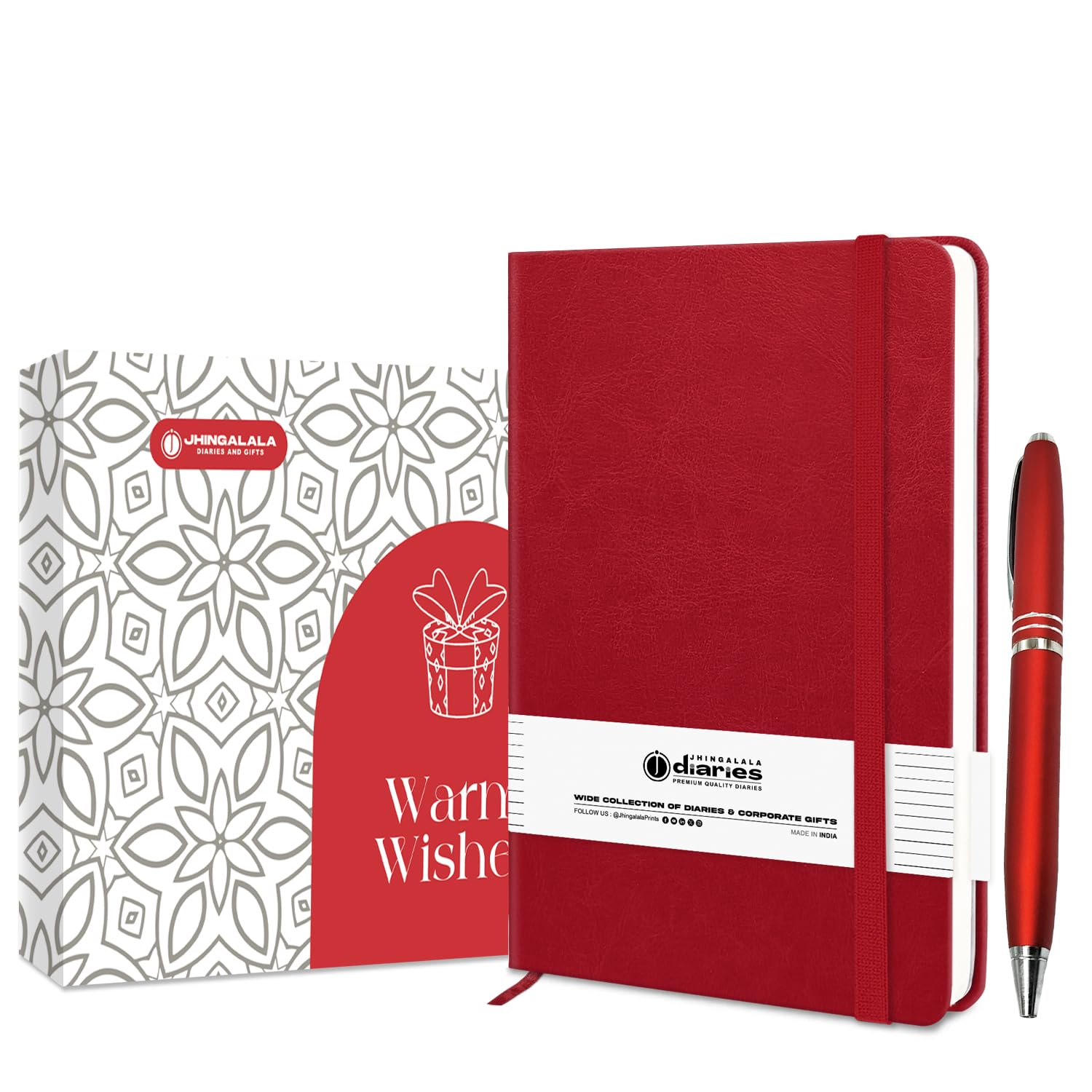 Jhingalala A5 Leather Cover Hardbound Undated Journal Notebook with Pen Combo Gift | 80 GSM Premium Non-Bleeding Paper | Diary with Pen | Ideal Corporate, Diwali & New Year Gift (Red)