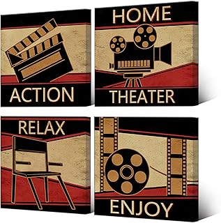 HOMEOART Home Theater Decor Canvas Wall Art Prints Movie Room Media Room Decor Framed Ready to Hang, 12inx12inx4Pieces (Vintage Brown)