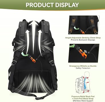50L Hiking Backpack for Men Women, Waterproof Outdoor Daypack,Black