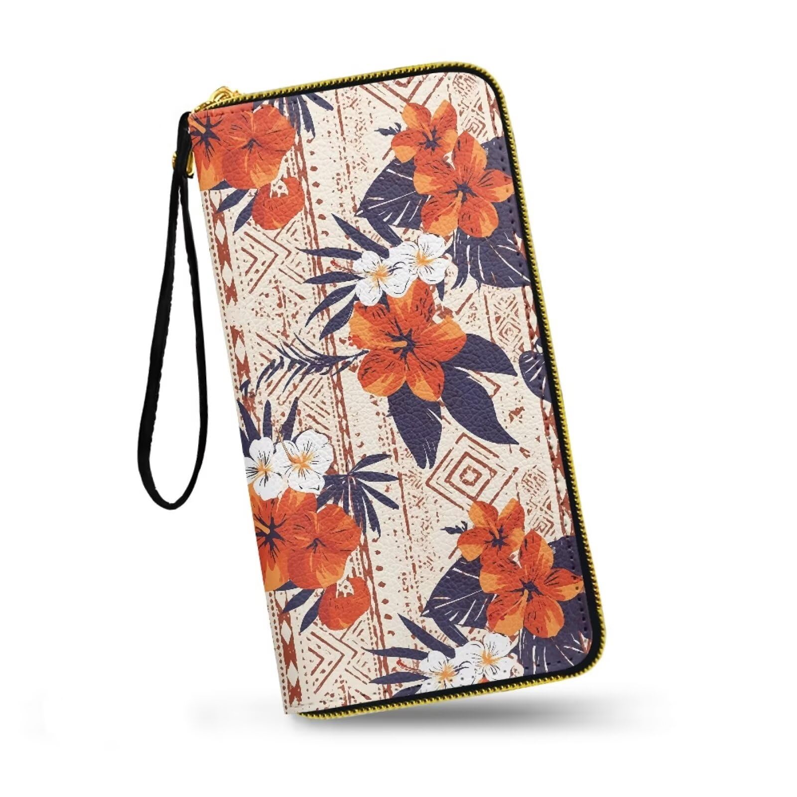 Jolamirel Hawaiian Tribal Wristlet Clutch Purse Tropical Flowers Zipper Around Wallet for Women, Red Hibiscus Soft Leather Long Wallet with Strap Travel Phone Purse