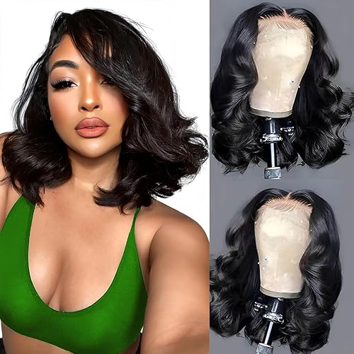14 Inch Bob Wig Human Hair 13x6 Body Wave Lace Front Wigs Human Hair 200 Density HD Lace Frontal Wigs Short Body Wav Wigs for Women Pre Plucked Natural Black