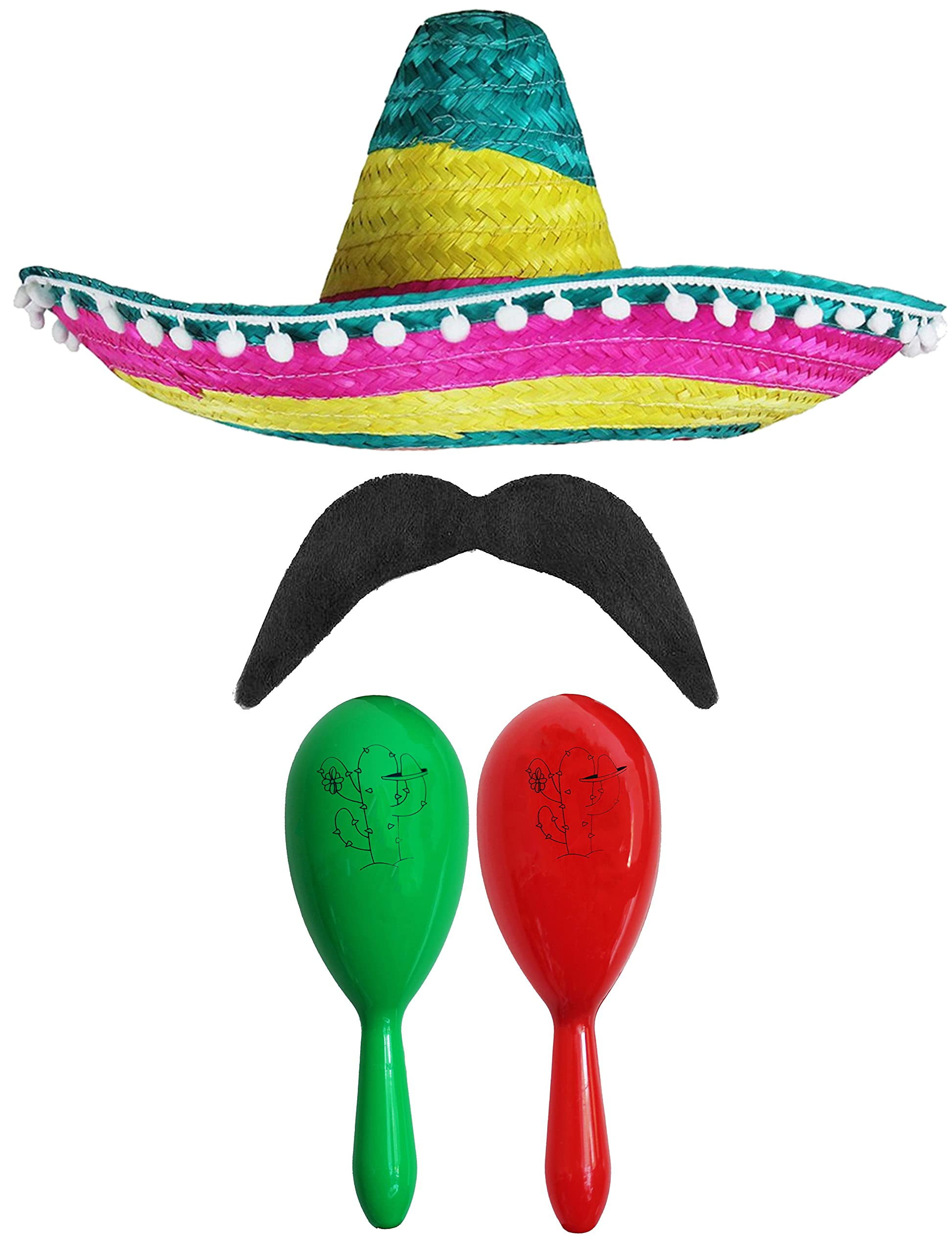 Adults Mexican Accessory Set - Multicoloured Mexican Sombrero, Green & Red Maracas, Moustache - Cinco de Mayo Sensorita Bandit Mariachi Fancy Dress Costume Accessory Set