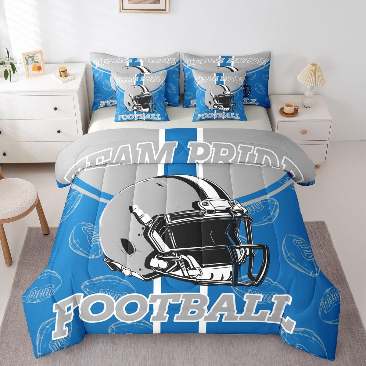 Feelyou Football Comforter Set Queen Size 7 Pieces Ball Games Bedding Set for Kids Boys Girls Rugby Bed in a BagFootball Bedroom Decor Rugby Sports