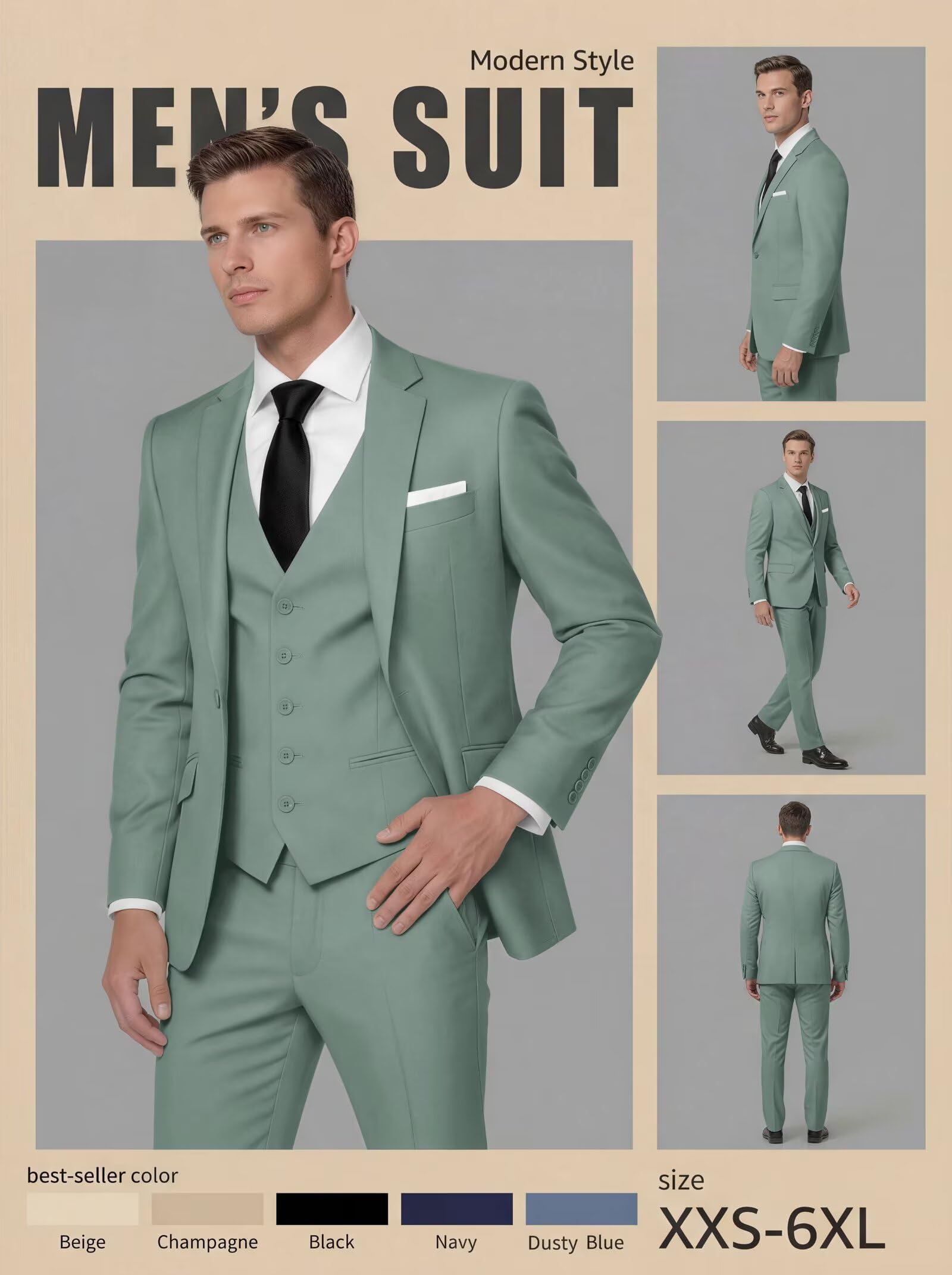 HUUTOE Trajes de 3 piezas para hombre, ajuste delgado, trajes de graduación para hombre, vestido de boda, traje de verano, chaqueta, chaleco, pantalones, esmoquin