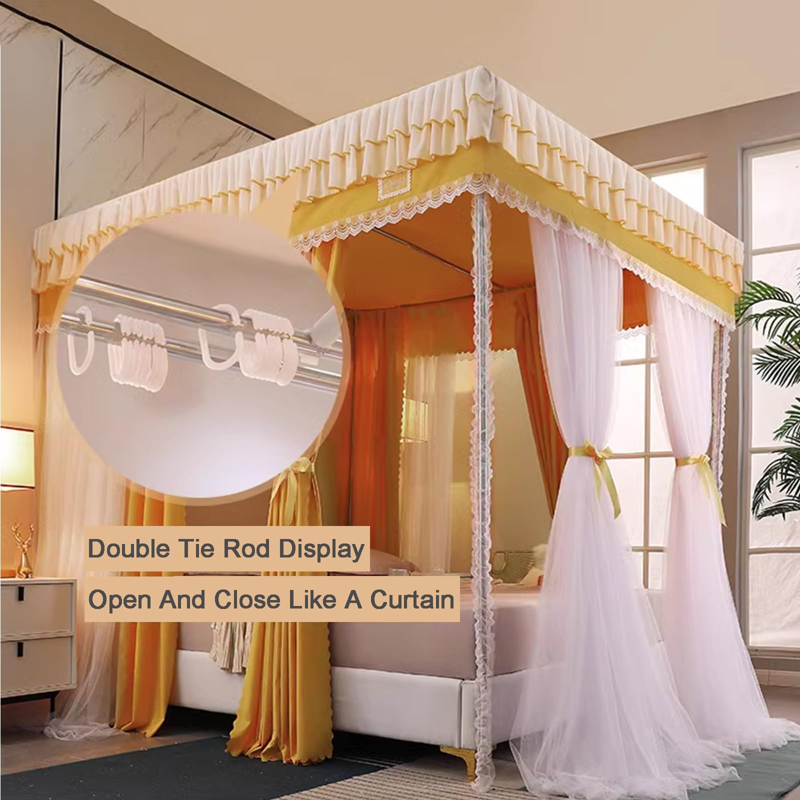4 Esquinas Poste Princesa Cortinas Cama con Dosel para s, 4 Apertura Cama Queen King Tienda De Campaña Mosquitera - Toldos De Malla Transparente De Doble Capa Cortinas Decoración De La Habit