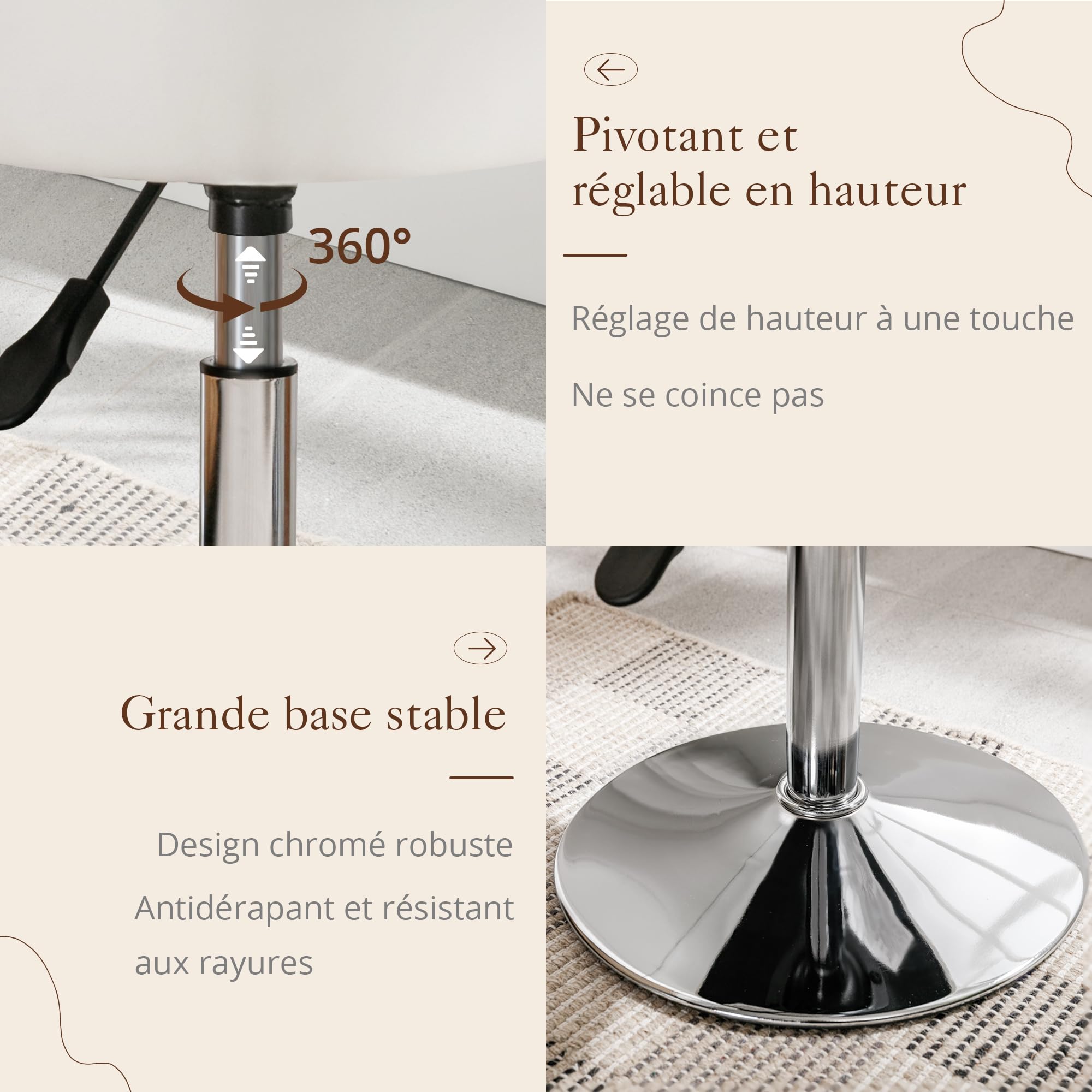 LUE BONA Tabouret Coiffeuse,Tabouret de Maquillage,Réglable en Hauteur 40-52 cm,Pivotant à 360°,Simili Cuir Siège Rembourré,pour Salon,Chambre à Coucher,Blanc