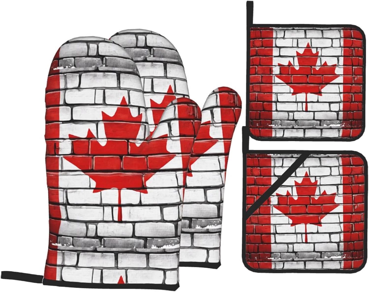 (Canadian Flag) Baking 4-Piece Set: 2 Oven Mitts and 2 Pot Holders Heat Resistant Waterproof Hanging Loop for Kitchen Oven Grill Housewarming Gifts