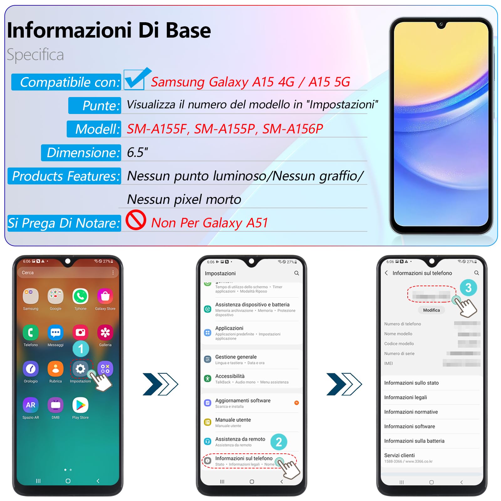 RongZy Schermo LCD per Samsung Galaxy A15 4G A155F Display Sostituzione per Samsung Galaxy A15 5G A156B Digitizer Assembly Vetro di Ricambio Touch Screen con Strumenti(6.5", Nero con Cornice)