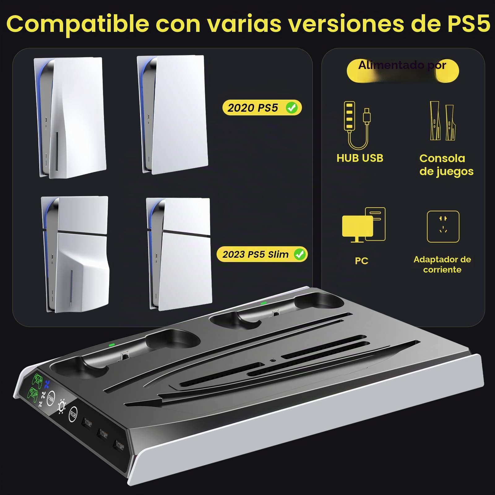 Fenolical Soporte Delgado para PS5/PS5 con Ventilador de Refrigeración Ajustable, Soporte de Cargador de Refrigeración Vertical PS5 para PS5/PS5 Slim, Estación de Refrigeración Delgada Multifuncional