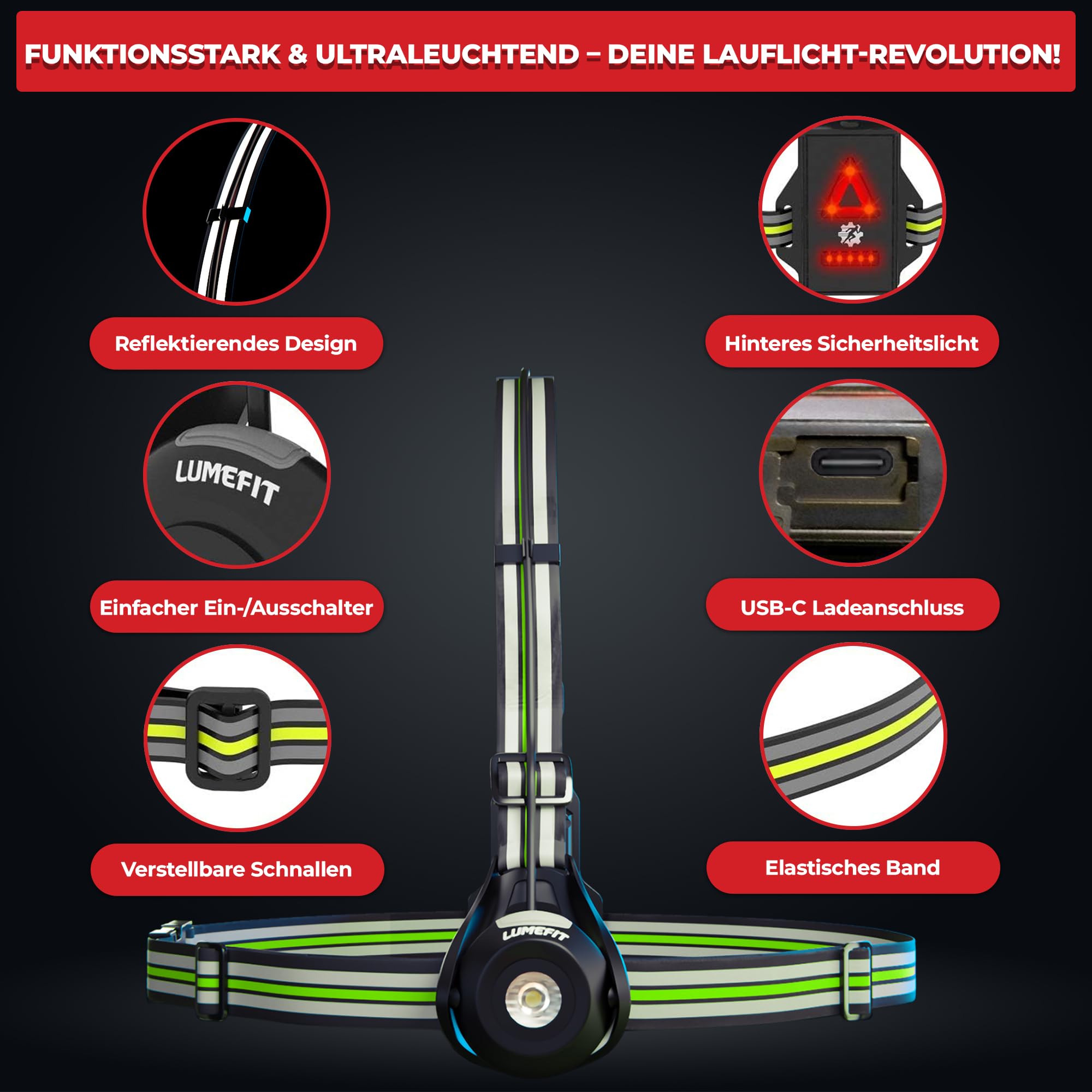 LUMEFIT Lauflicht mit Reflektoren, ideal zum Joggen und Laufen, mit 500 Lumen FrontTaschenlampe, 90° verstellbar, Laufgürtel mit rundum-Reflektoren, rotes Rücklicht, mit Akku