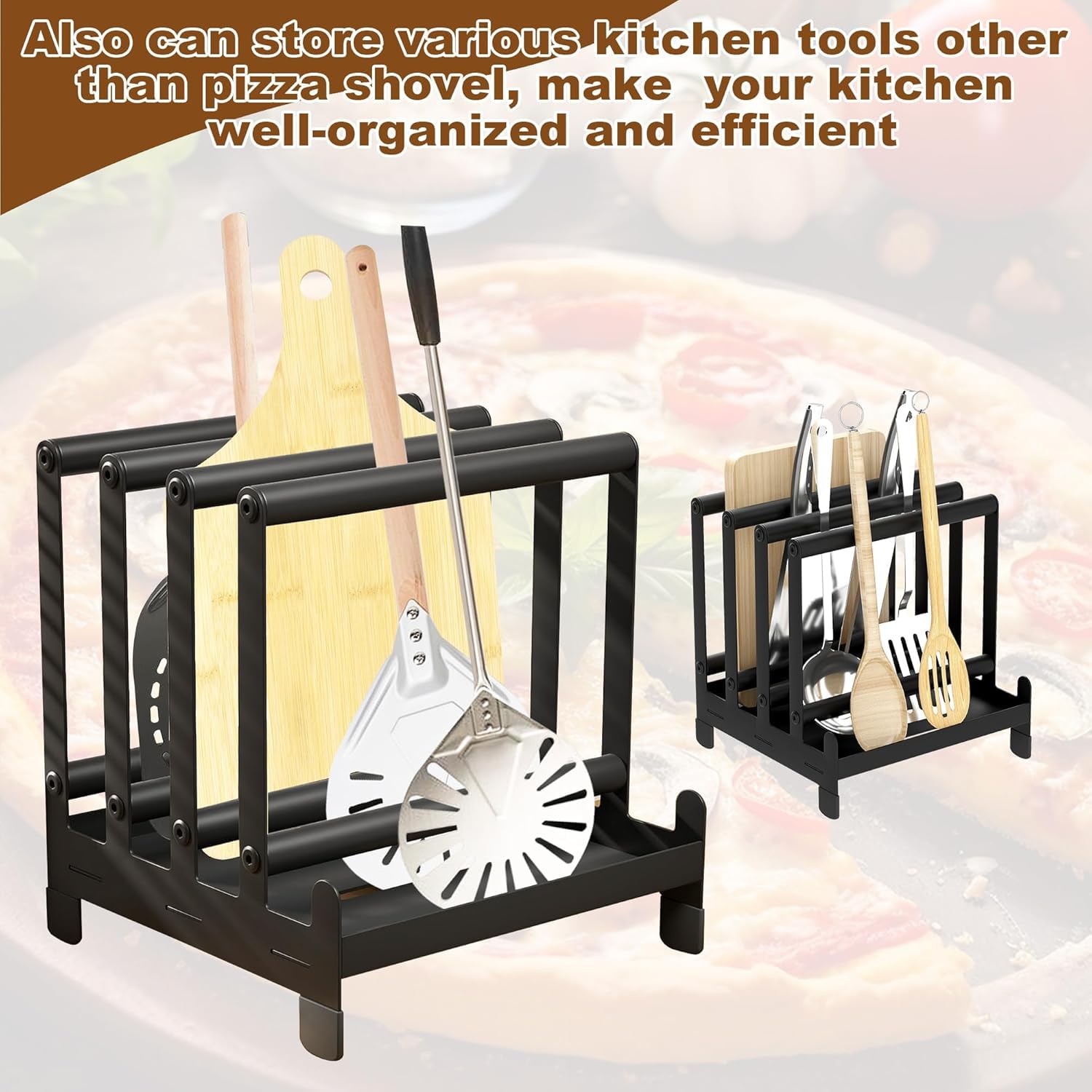 Rastrelliera per pizza in acciaio 24 x 24 x 36 cm, supporto per pala per pizza con 4 slot disponibili, supporto resistente con piedini antiscivolo per spatola per pizza, per riporre e