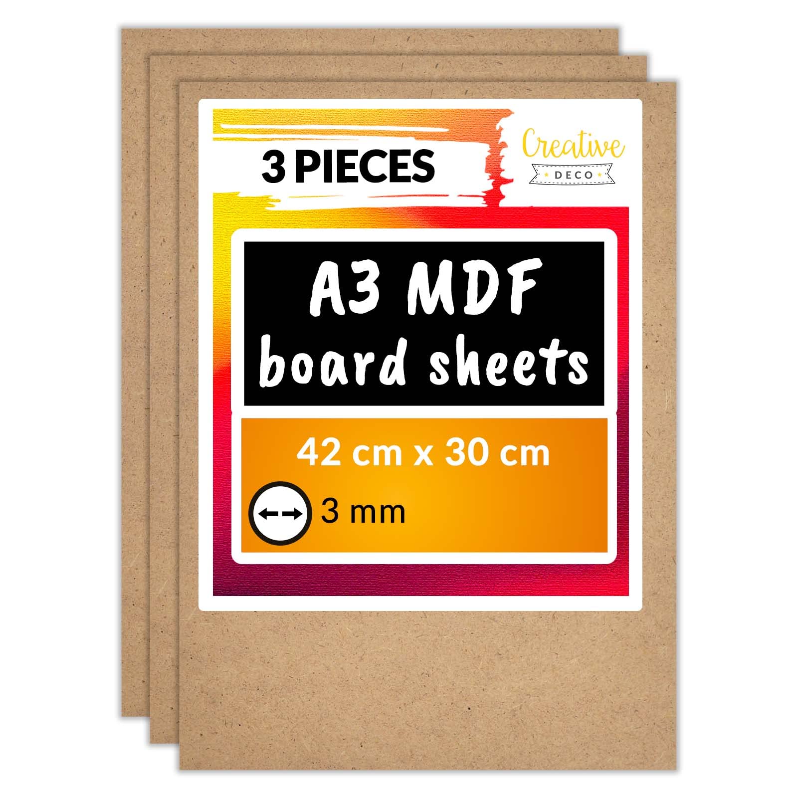 Creative Deco3 x A3 MDF Board | 420 x 300 x 3 mm | Sheet Board Raw Wood | Wooden Plate Ideal for DIY Laser Cutting, Engraving, Model Making | Wood Panels for Pyrography, Lino Engraving