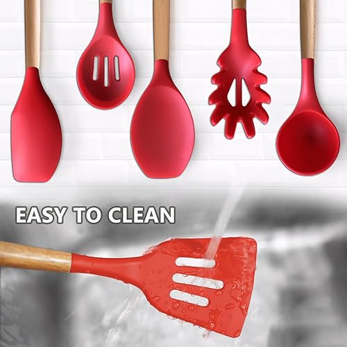 Miniatura 7 de Juego de utensilios de cocina 6 piezas, espátulas de silicona resistentes al calor, cuchara, volteador, cucharón con mango de madera, utensilios de