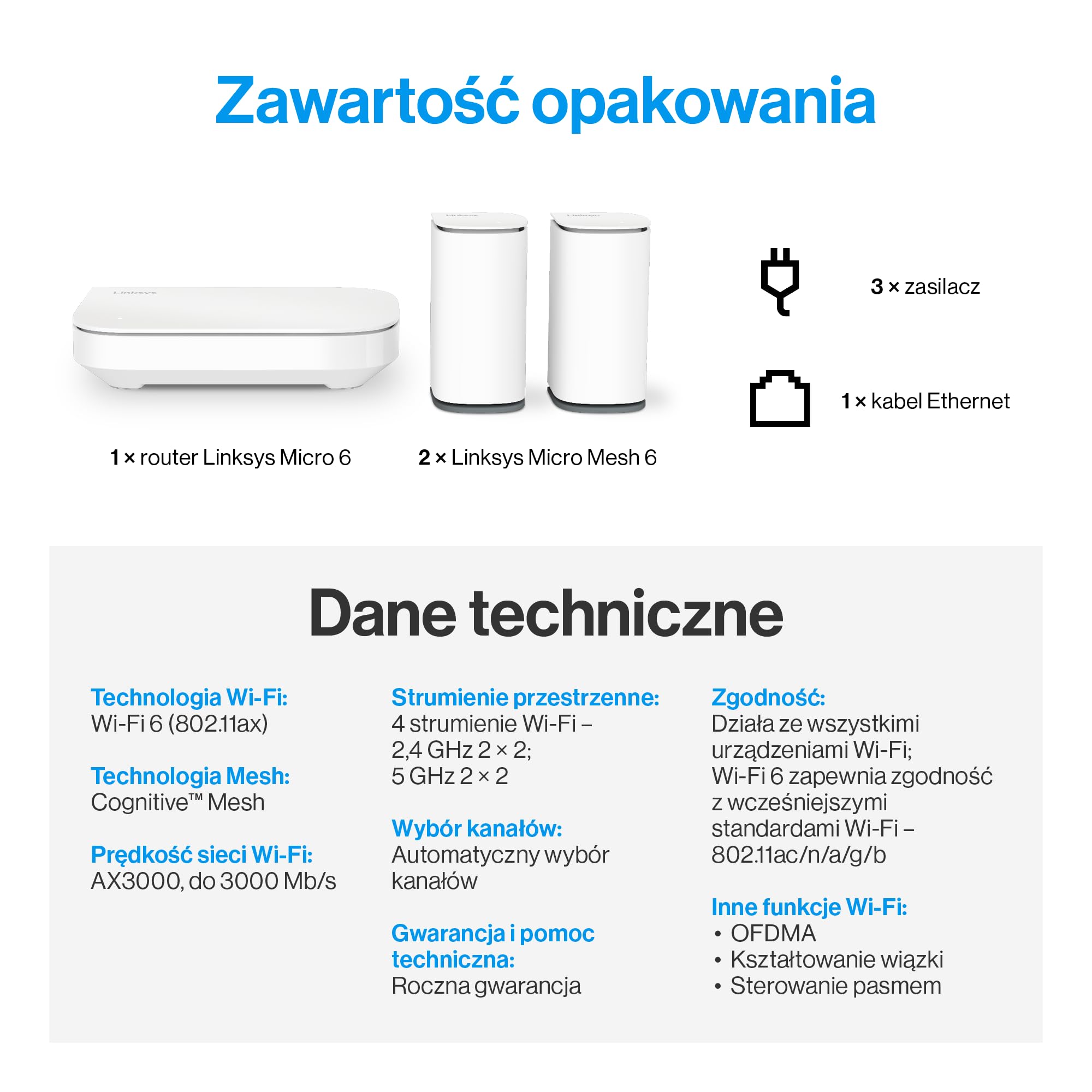 Linksys Dwupasmowy System Mesh Wi-Fi Velop Micro 6, Router Wi-Fi 6, Prędkość do 3 Gb/s, Zasięg 465 mkw, Obsługa Ponad 150 Urządzeń, Zastępuje Router i Wzmacniacz Sygnału, 3 szt.