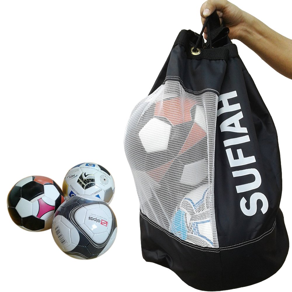 Sufiah 4 6 8 12 Balls Heavy Duty Football Bag Soccer Ball Holder Shoulder Strap Training Bags (Black-Bag, 4)