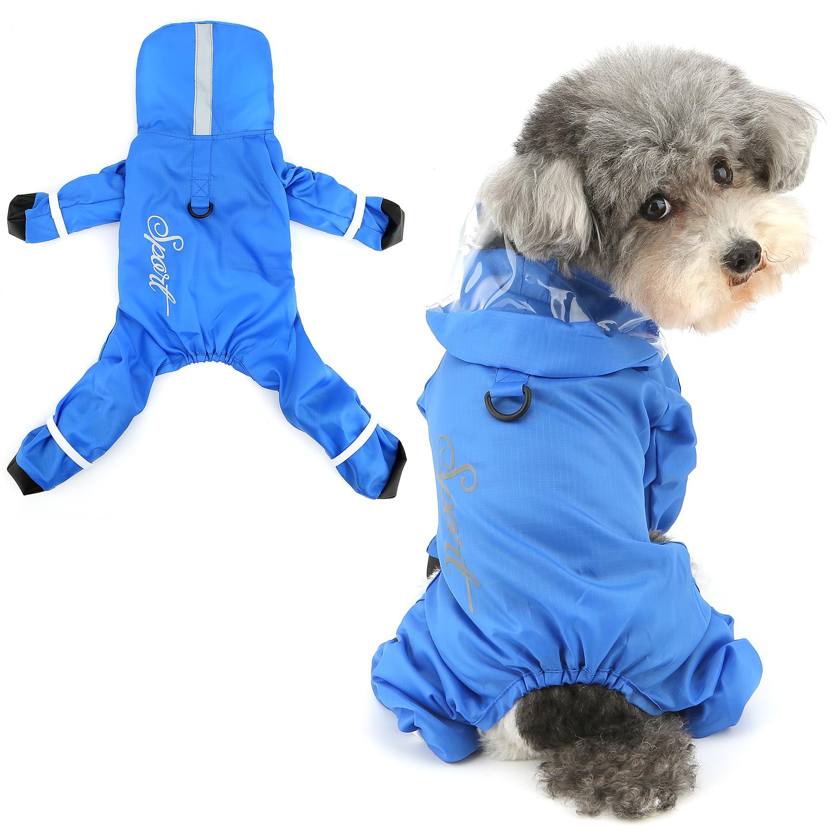 Ranphy Waterproof Reflective Hooded Pet Jumpsuit Raincoat for Xsmall Small Dogs with Boots Puppy Four-Legged Rain Coat Jacket Lightweight Poncho Yorkie Chihuahua Outdoor Clothes,Blue,S
