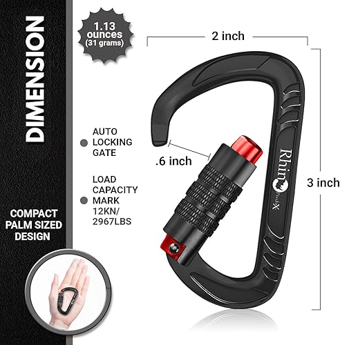Miniatura 2 de Rhino Produxs Clips de mosquetón resistentes de 12 kN (2697 libras) con bloqueo, autobloqueo, wiregate o ligero, hamaca, arnés de correa para perro,
