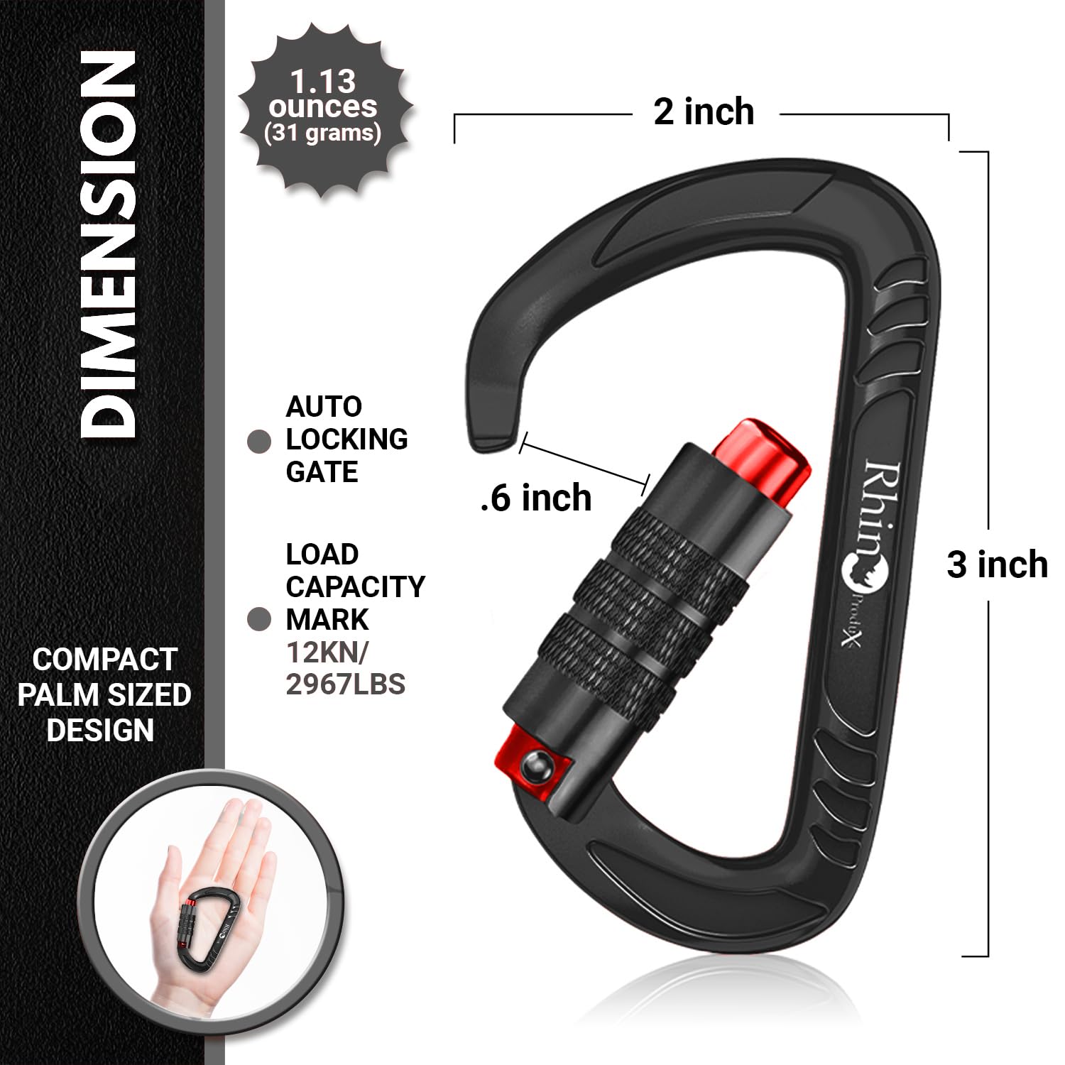 Rhino Produxs 12 kN (1,223,3 kg) wytrzymały karabińczyk, do zabezpieczenia zwierząt domowych, aktywności na świeżym powietrzu, na kemping, wędrówki, hamak, uprząż dla psa, breloczek do kluczy
