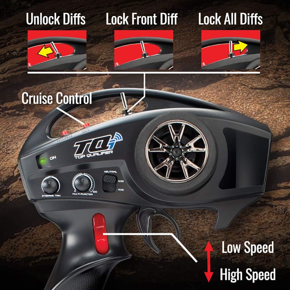 Traxxas TQi Top Qualifier transmitter with labels for controls including differential locks, cruise control, and high/low speed