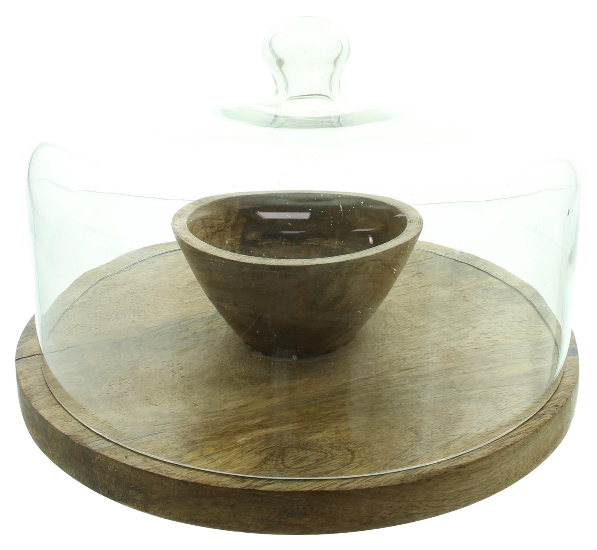 FRANK FLECHTWAREN Servierplatte Mangoholz mit Glasglocke, Maße: Platte Ø 30 x 9 cm, Glocke Ø 27 x 17 cm, GH 25 cm, praktisches Geschenk für jeden Feinschmecker