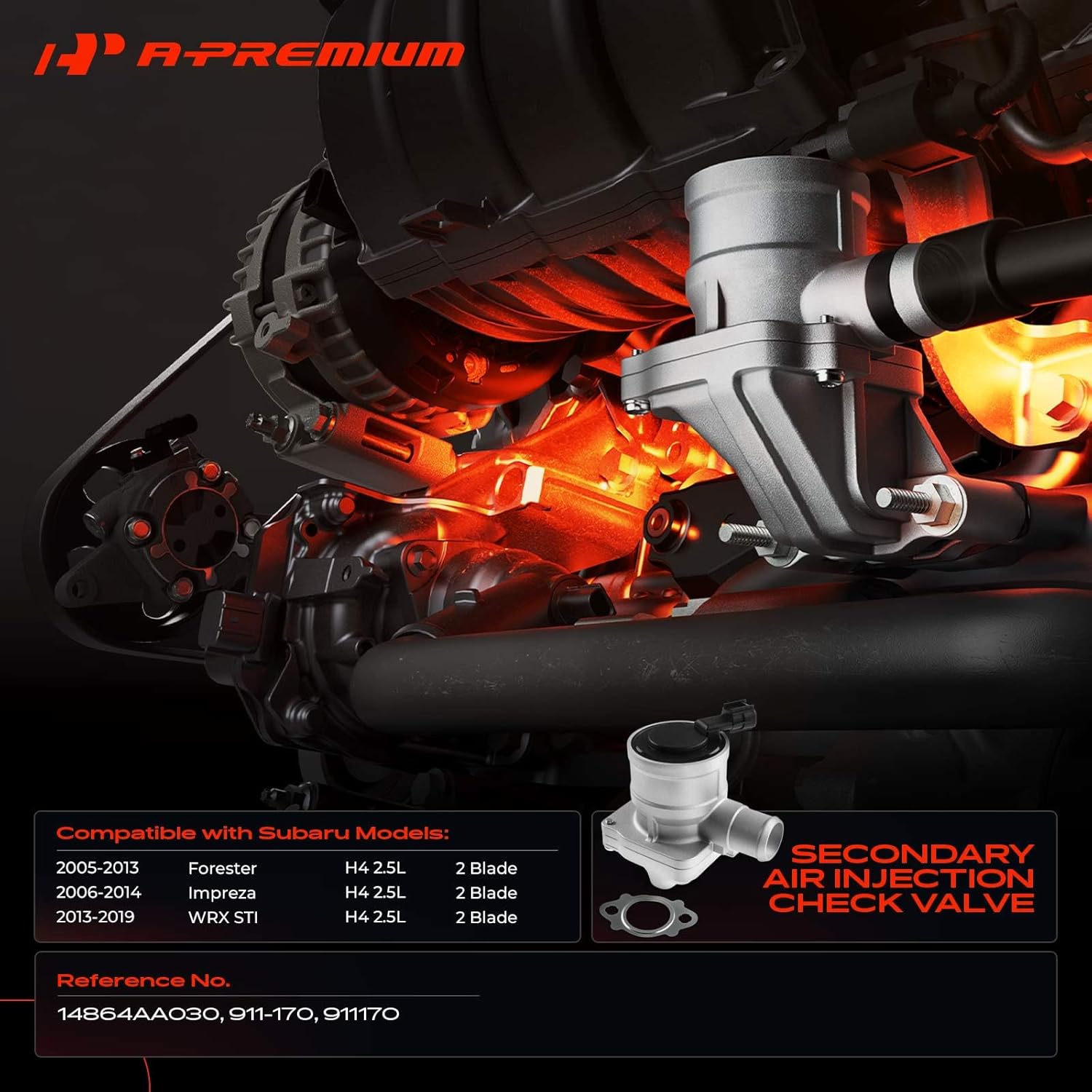 A-Premium Right Side Secondary Air Injection Check Valve with Gasket Compatible with Subaru Forester 2005-2013, WRX STI 2013-2019, Impreza 2006-2014, H4 2.5L Turbo Engine (EJ255/EJ257)