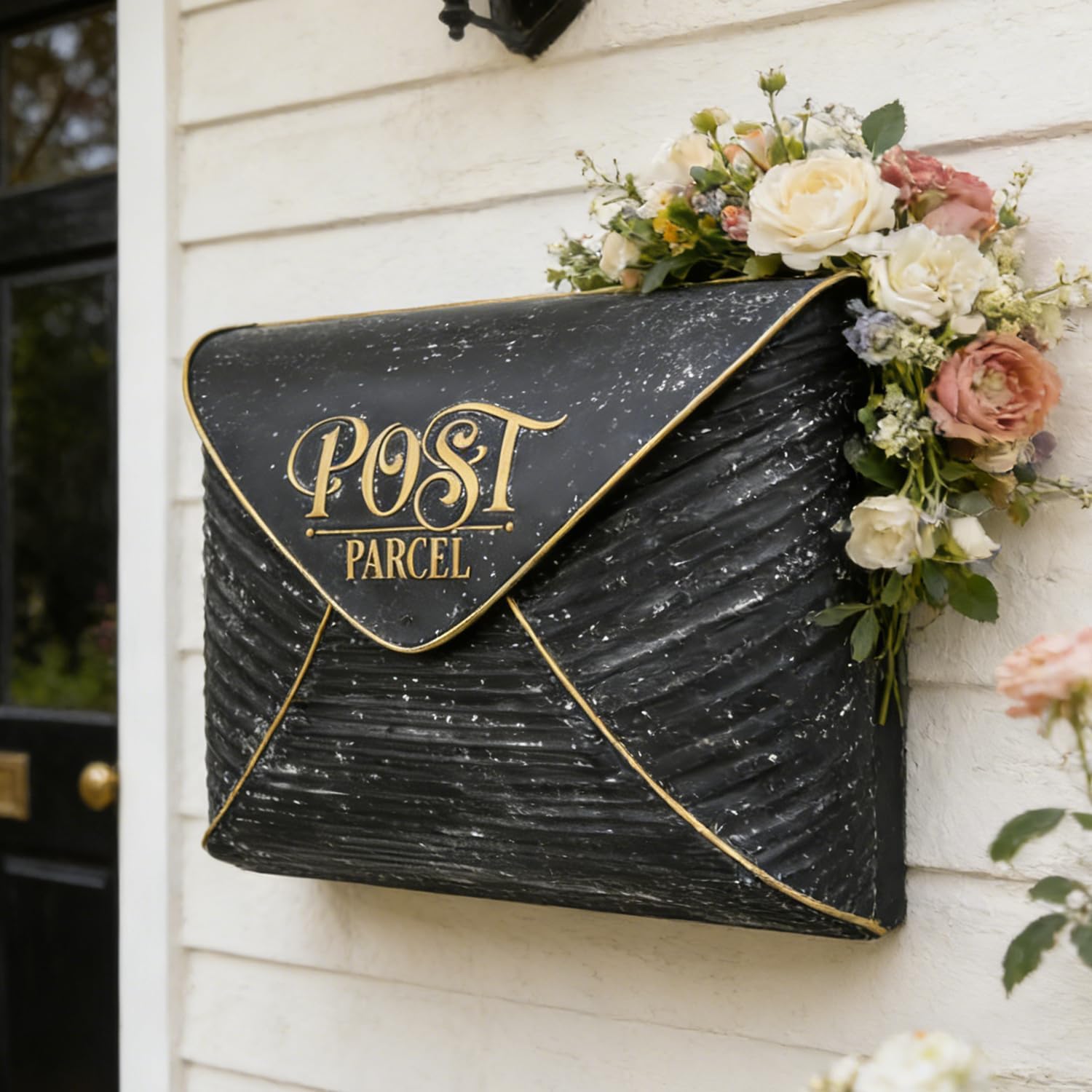 BIG FORTUNE Wall Mount Mailbox for House Outside,5" D x 13.8" W x 11.2" H,Vintage Metal Door Mailbox Antique Style Nostalgic Charm Home Decor Garden Vintage English Cottage Decor (Black)