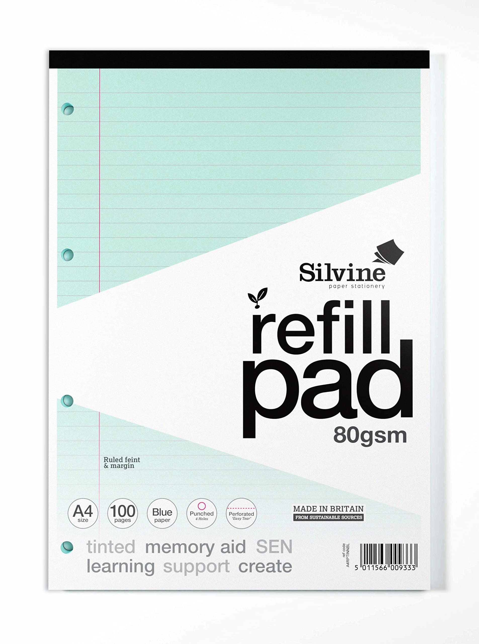 Silvine A4 SEN Tinted Paper Refill Pad Blue - Lined with Margin (100 Pages)