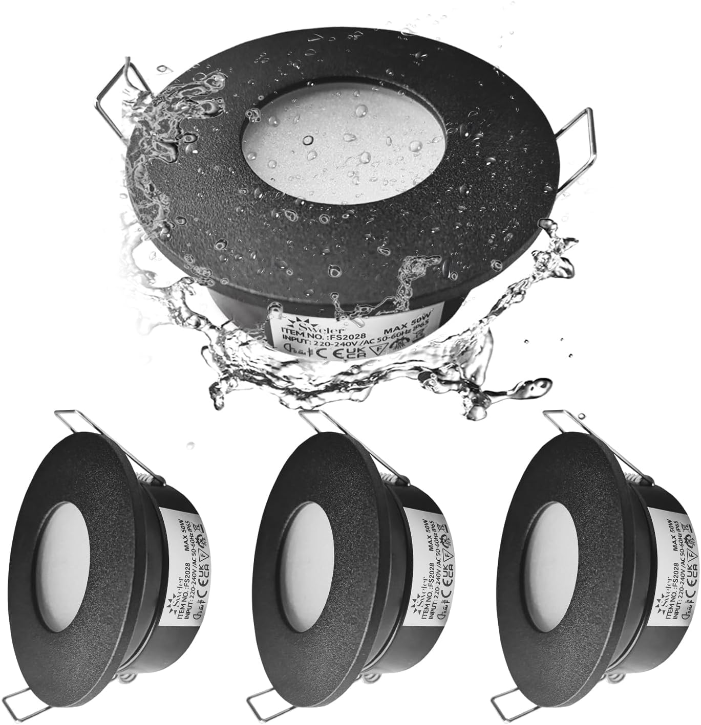 IP65 Einbaustrahler LED 5W, GU10 Deckenspots für Badezimmer Feuchtraum Wasserdichte, Einbauleuchten LED Spots 230v 68-75mm Lochmass(Ohne Lampe) 4er Set Schwarz