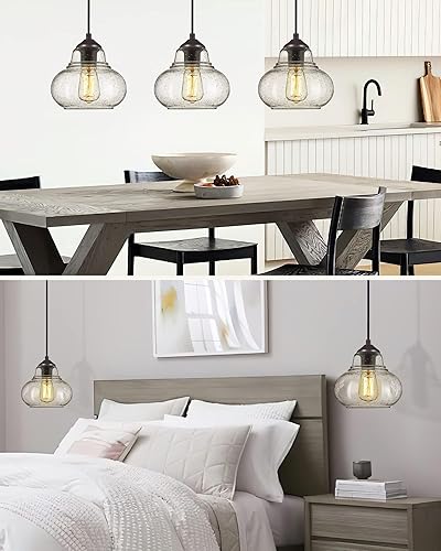 Miniatura 4 de ELYONA Paquete de 2 lámparas colgantes de vidrio de burbujas, lámpara colgante vintage, lámparas colgantes industriales de vidrio sembrado para isla