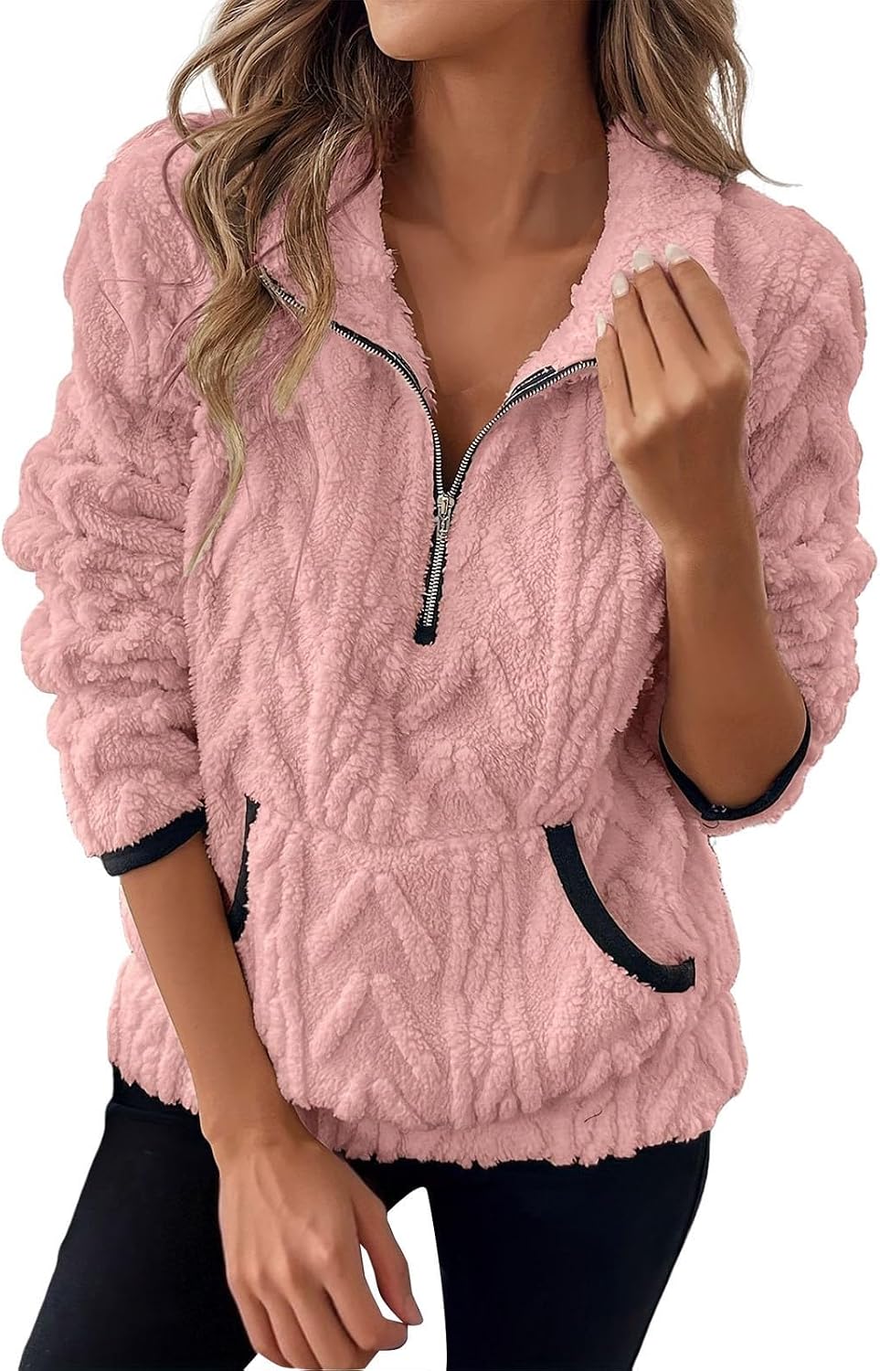 Women Sherpa Fleece Pullover Quarter Zip Long Sleeve Fluffy Soft Sweaters Jacket Plus Size Winter Coats with Pockets