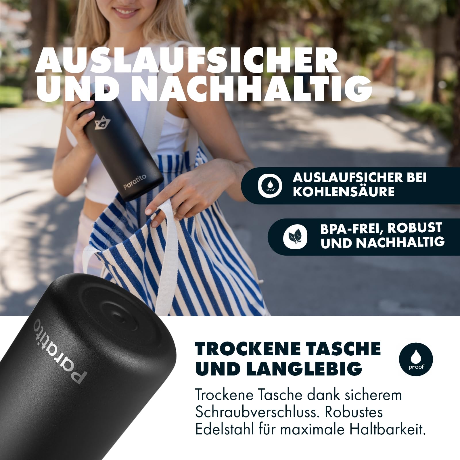 Teeflasche mit Sieb 1L – Auslaufsichere, spülmaschinenfeste Edelstahl Trinkflasche 1l (Isolierflasche) mit Teesieb für losen Tee to Go; Thermosflasche 1l für Kaffee, Camping -Schwarz