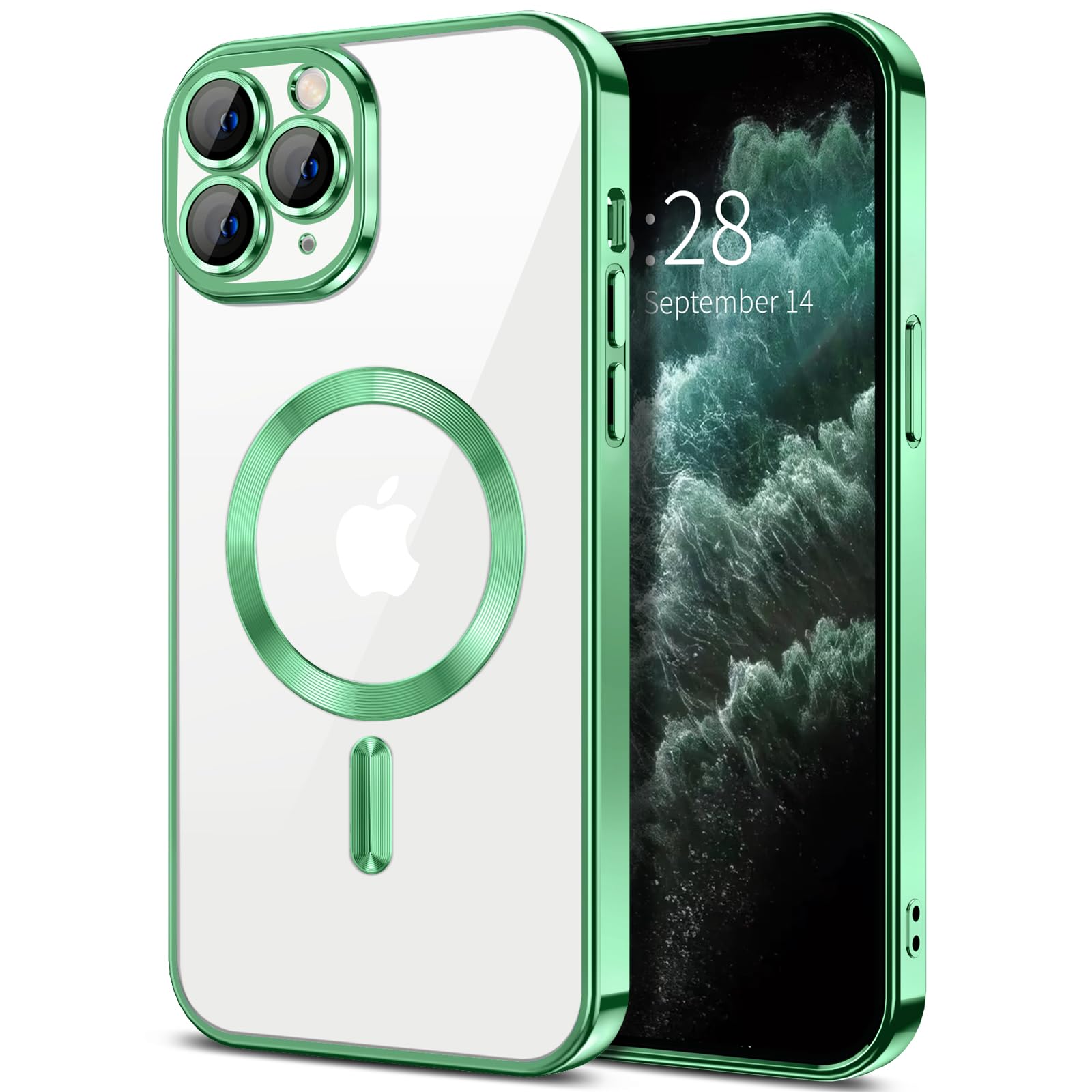 Hython Magnetic Clear for iPhone 11 Pro Max Case with Camera Lens Protector [Compatible with MagSafe] Plating Edge Slim Soft TPU Cover Protective