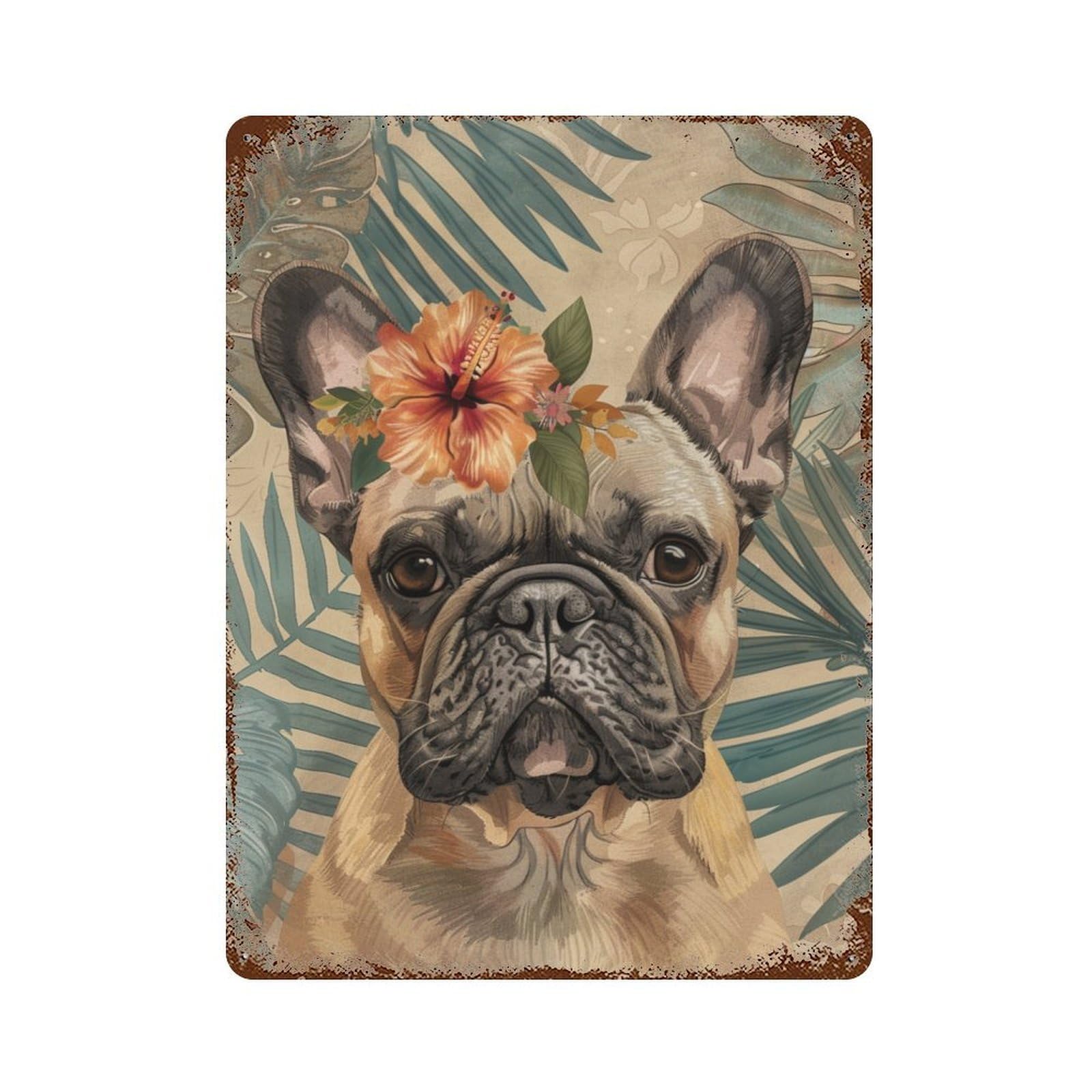 Garage Style Tropical Bulldog with Hibiscus Flower Rusty Metal Tin Sign 15.7"x11.8", Shabby Chic Decor for Bar And Workshop