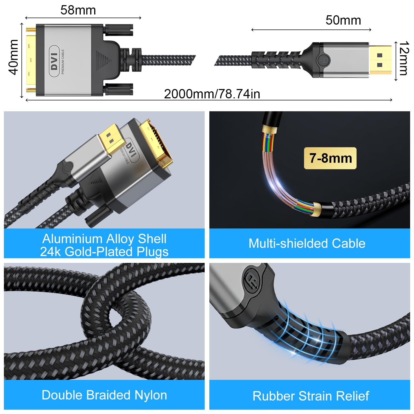 DisplayPort na DVI kabel 2 m, 4K 30 Hz Display Port do DVI-D 24+1, podwójnie pleciona linka nylonowa, obudowa ze stopu aluminium, pozłacana wtyczka, kabel DP na DVI do komputera, DVD, HDTV, projektora