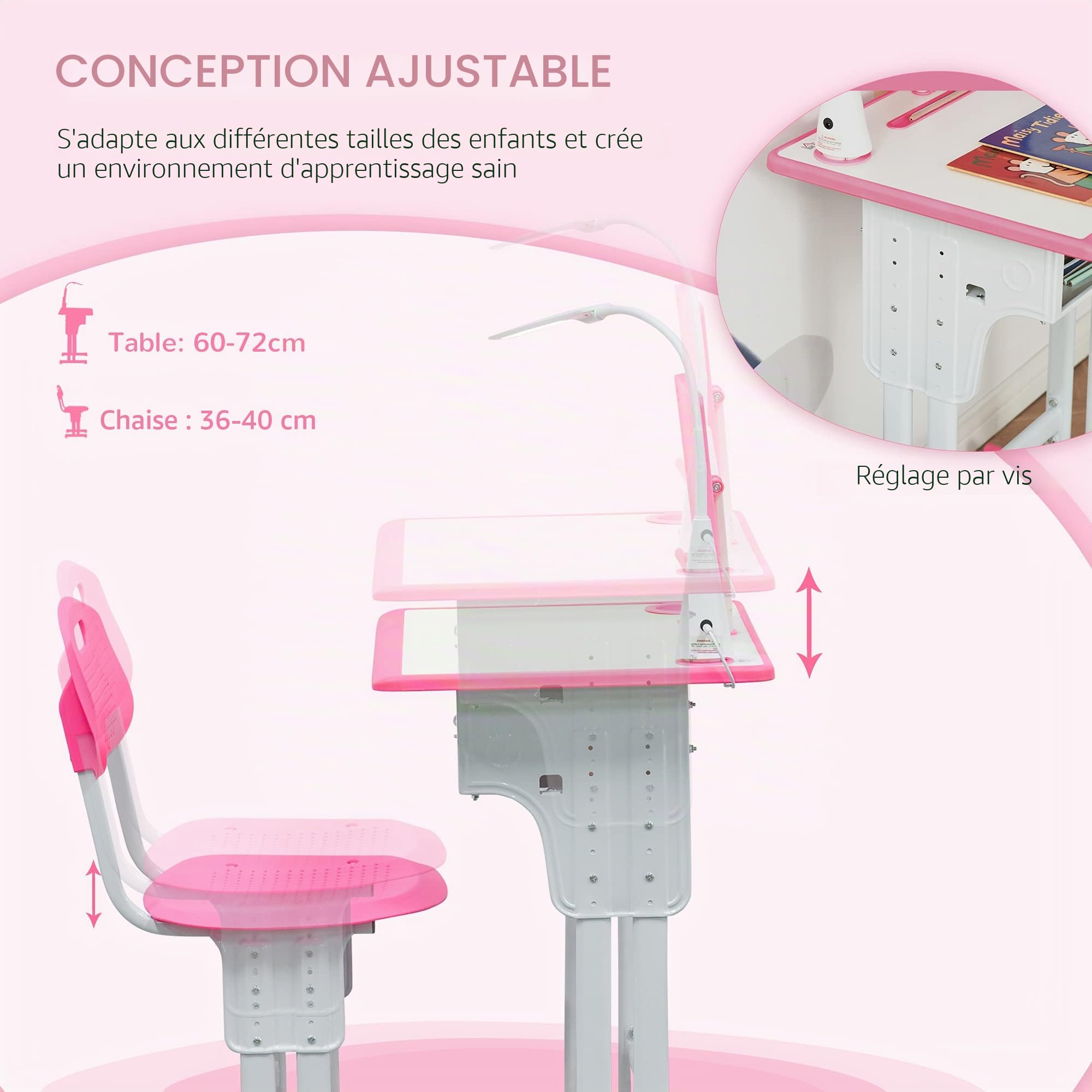 HOMCOM Ensemble Bureau Enfant réglable en Hauteur, Table d'étude, Rose