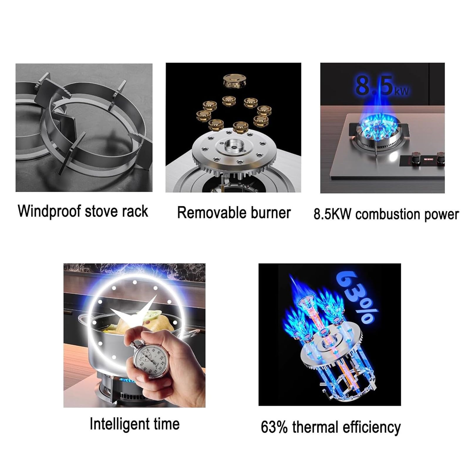 THEGA Fornello A Gas 8,5 KW, Cucina A Gas 2 Fuochi - Cucina A Gas con Temporizzazione Indipendente Intelligente Bilaterale, Cucina A Gas con Doppia Protezione di Sicurezza(NG)