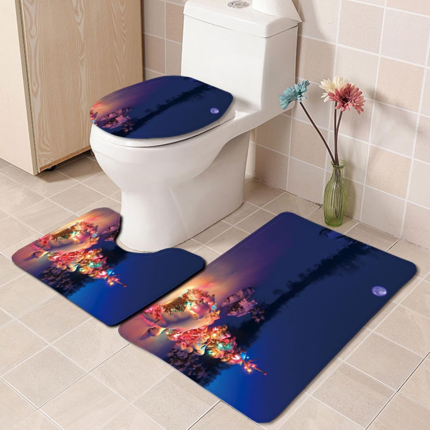 Set di tappetini da Bagno 3 Pezzi Blu Scuro Albero Antiscivolo per Bagno Tappeto Lavabile in Memory Foam Tappeto copriwater tappetini a Forma di U 50x80 cm