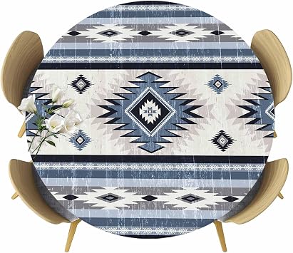 Blue Southwestern Round Tablecloth for 55"-60" Tables, Waterproof Outdoor Table Cloths 60 Inch Round Fitted Tablecloth with Elastic, Boho Aztec Ethnic Abstract Print Table Cloth Cover for Picnic Party