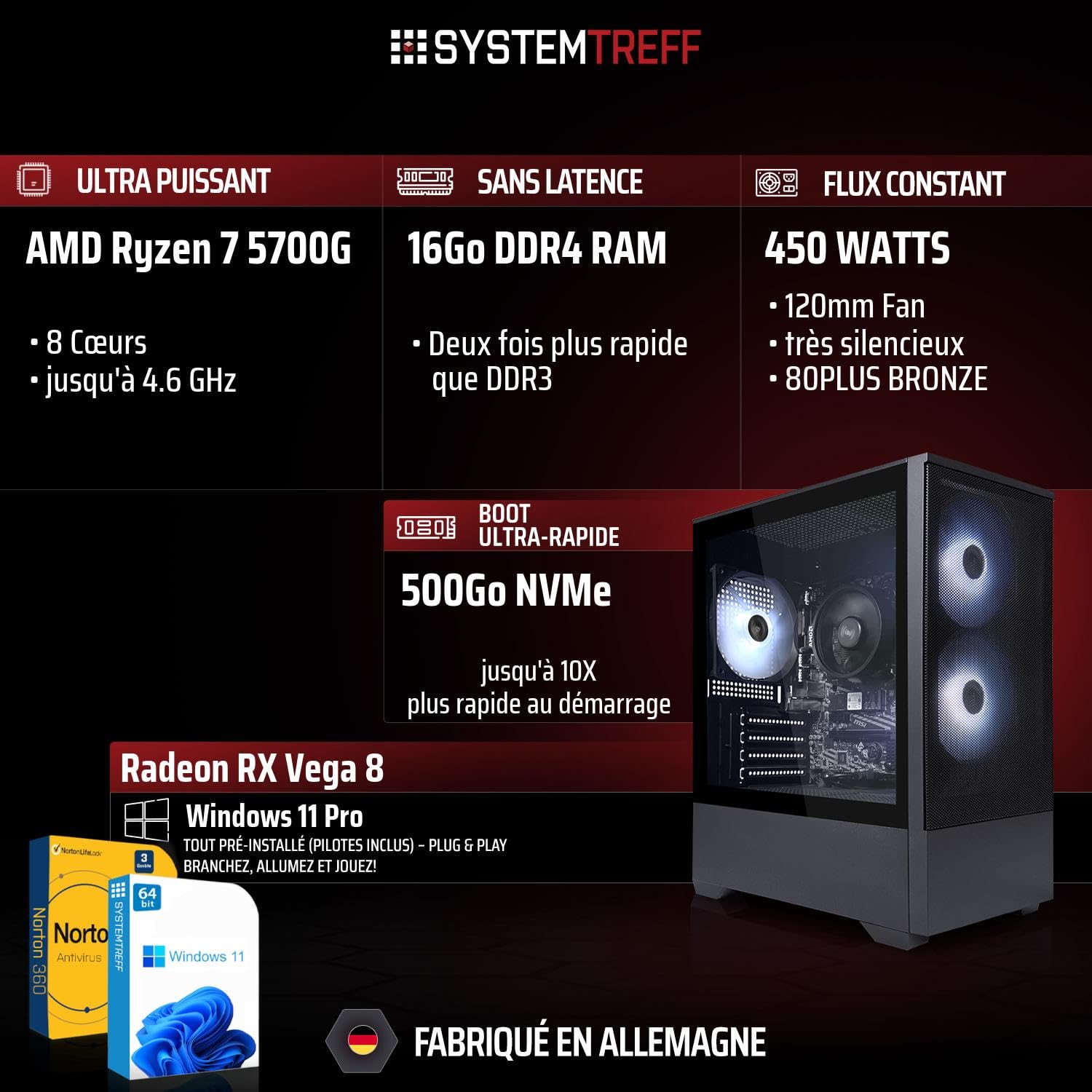SYSTEMTREFF PC Gamer Basique - AMD Ryzen 7 5700G - 16Go RAM - 500Go M.2 SSD