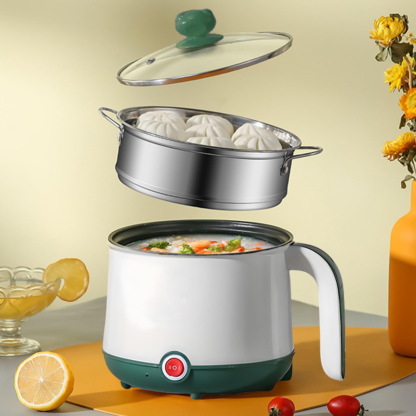 Olla Eléctrica, 1.8 L Olla Caliente Eléctrica Y Vaporizador, Cocina Eléctrica De Pasta, Mini Olla Antiadherente Multicocina Para Filetes, Fideos, Sopa, Huevo, Avena, Ramen, Pasta