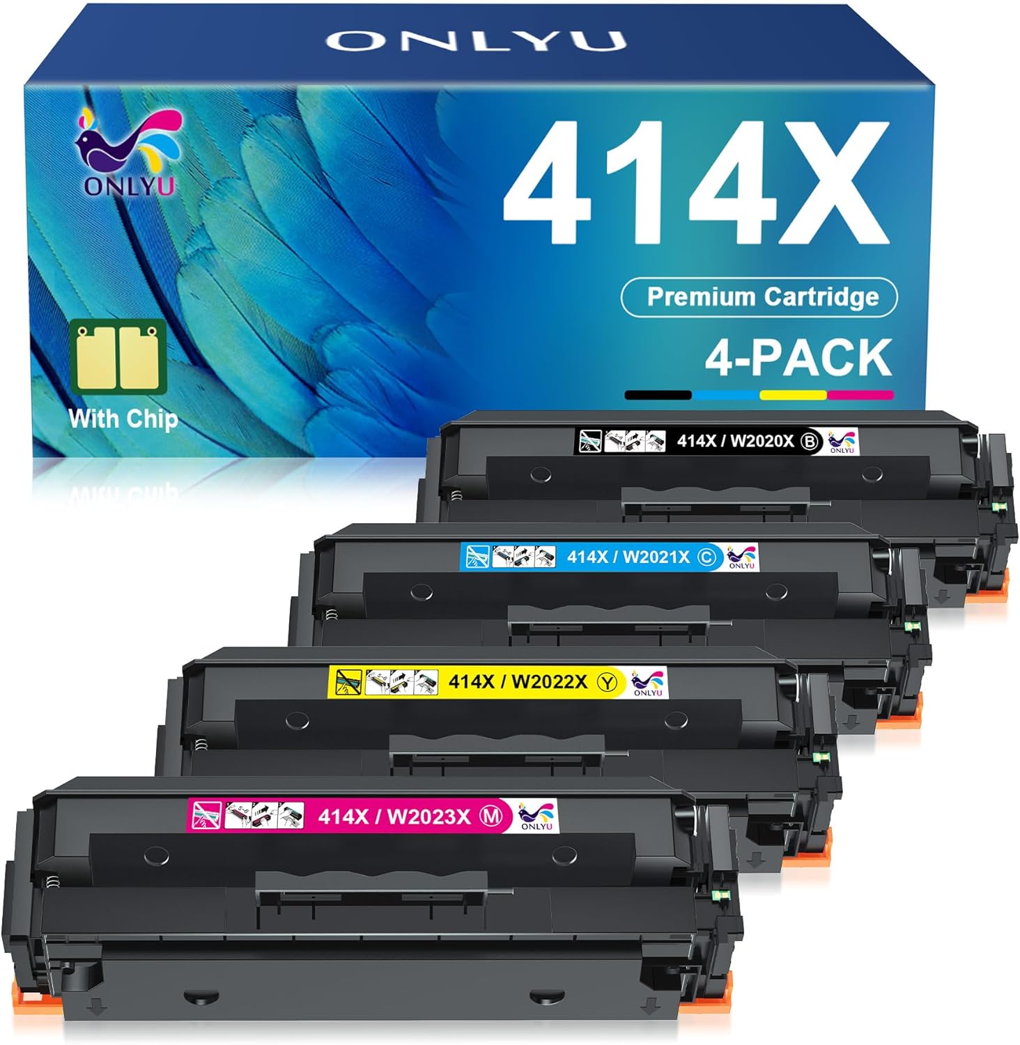 ONLYU Compatible Toner Cartridge Replacement for HP 414X 414A for Color LaserJet Pro MFP M479fdw M479fdn M479dw Pro M454dw M454dn M455dn MFP M480f M479 M454 W2020X W2020A Printer Ink (BCMY, 4-Pack)