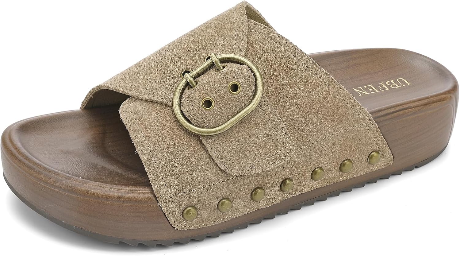 UBFEN Womens Platform Sandals Slides Genuine Leather Adjustable Buckle and Cushion Footbed Comfortable Slip On Retro Shoes