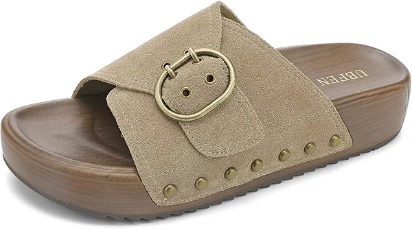 UBFEN Womens Platform Sandals Slides Genuine Leather Adjustable Buckle and Cushion Footbed Comfortable Slip On Retro Shoes 7 Khaki