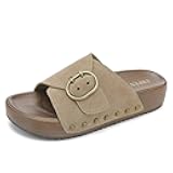 UBFEN Womens Platform Sandals Slides Genuine Leather Adjustable Buckle and Cushion Footbed Comfortable Slip On Retro Shoes