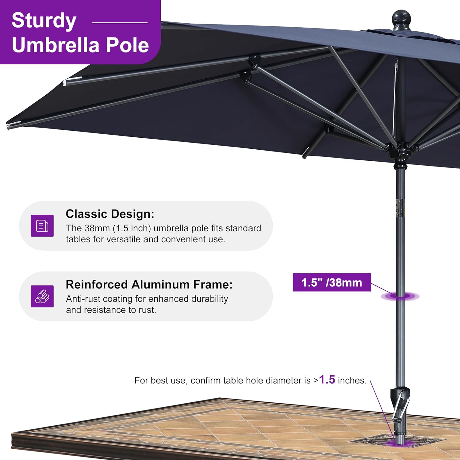 PURPLE LEAF 10' x 6.5' Rectangular Patio Umbrella Outdoor Table Umbrella Aluminum Frame Market Umbrella Sun Umbrella with 8 Sturdy Ribs Tilt for Garden Deck Lawn Pool Navy Blue
