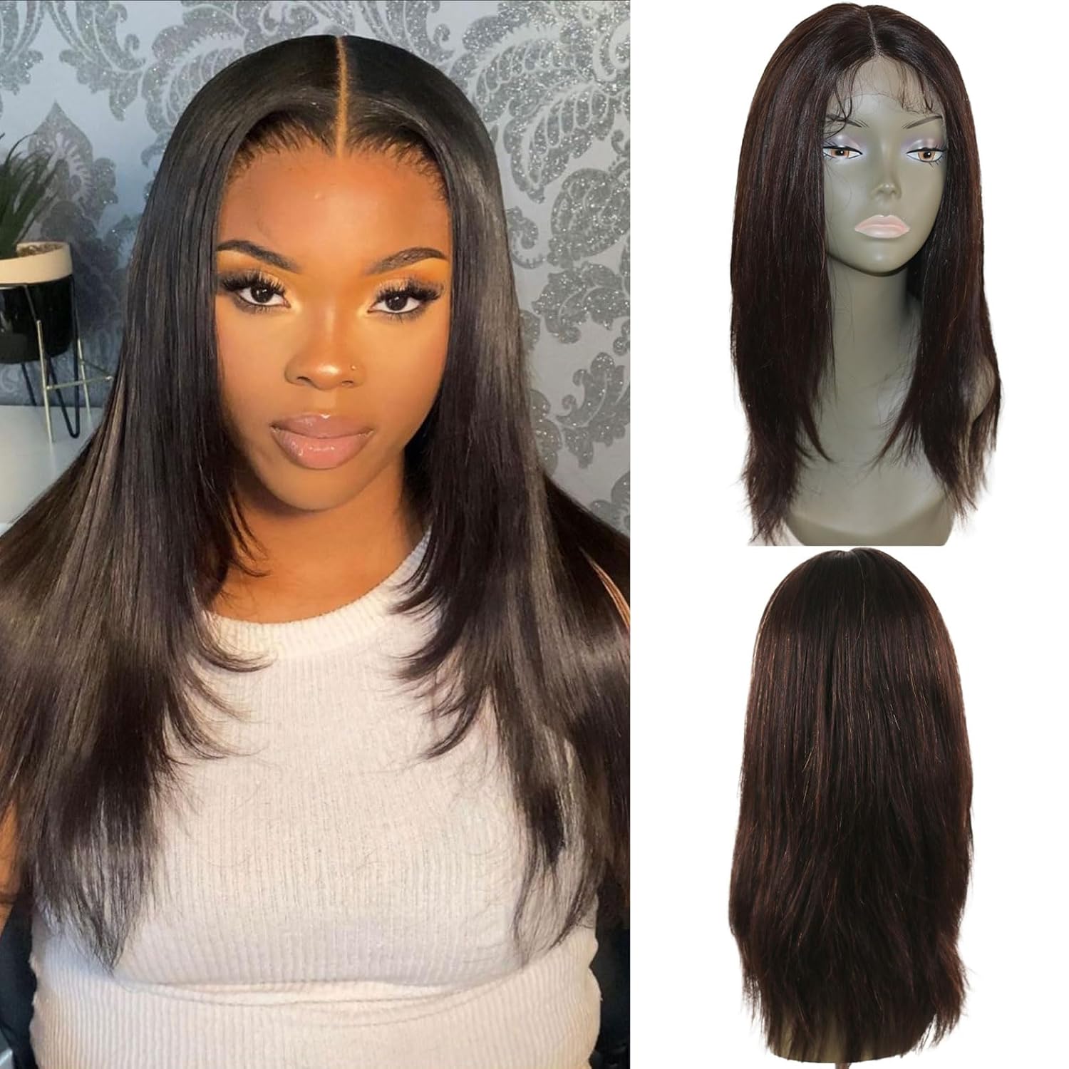 20 Inch Brazilian Straight Human Hair Wigs for Black Women - Natural Color T Part Lace Front Wig with Pre Plucked Hairline