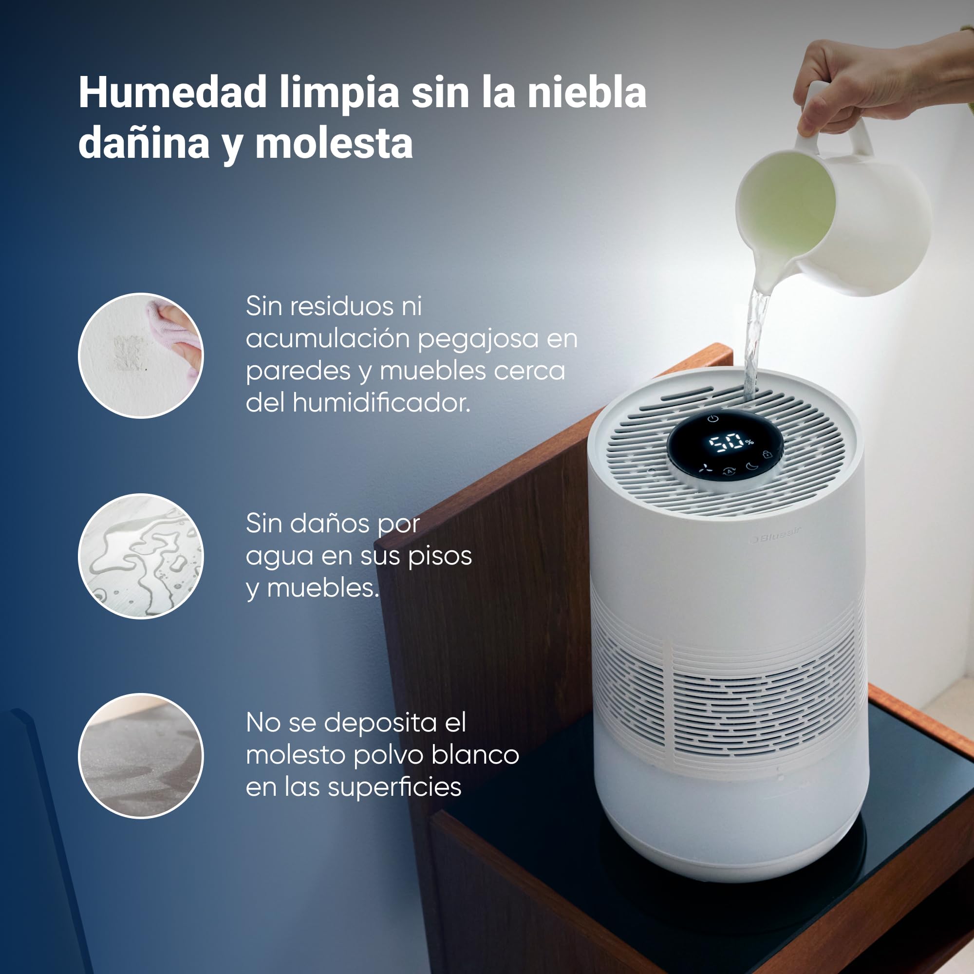 BLUEAIR Humidificador inteligente Premium para habitaciones de hasta 46 m²: depósito de 3,5 l apto para lavavajillas, mejor descanso con tecnología de evaporación, modo automático y nocturno.