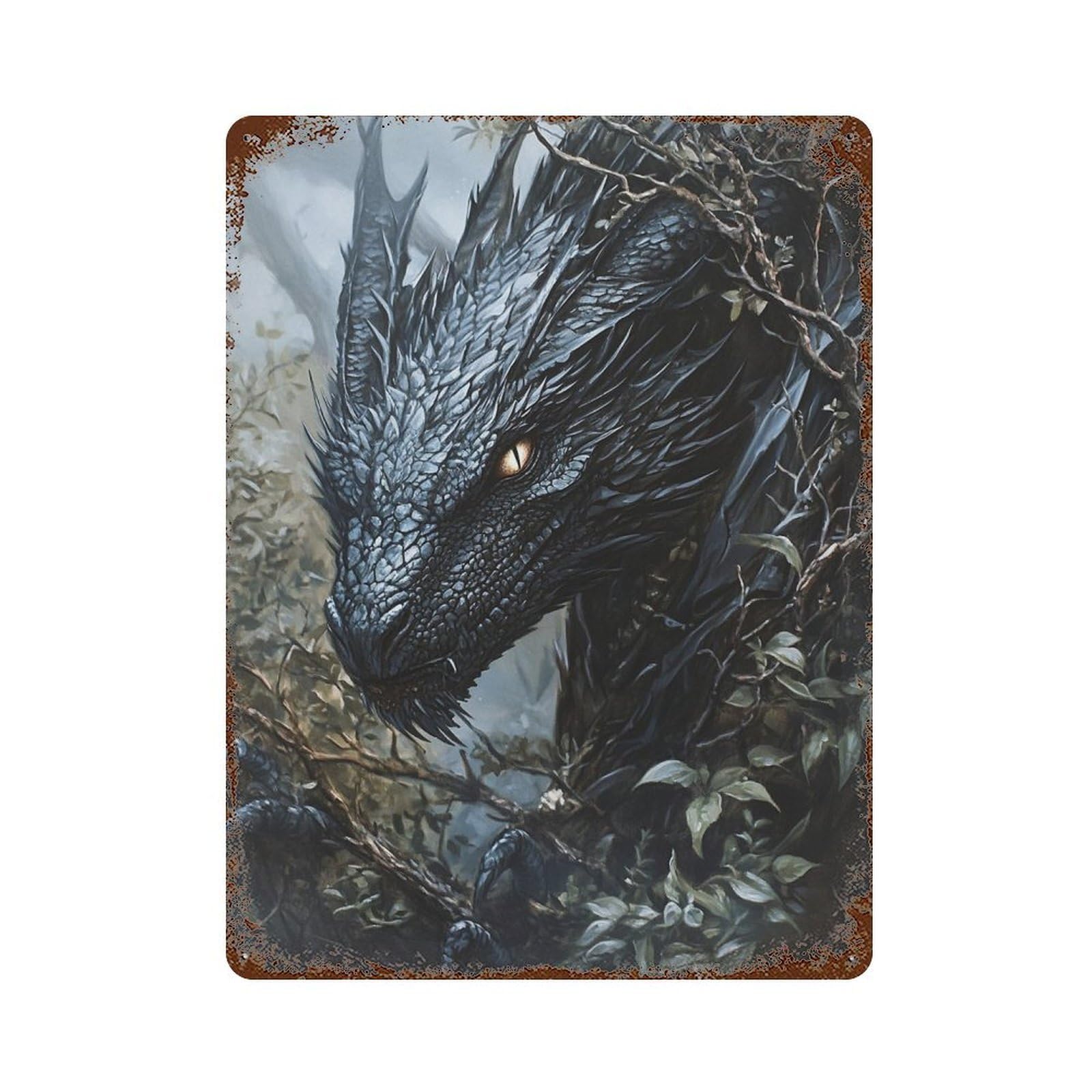 Garage Style Fantasy Dragon Artwork Weathered Tin Sign 15.7"x11.8", Old School Wall Decor for Bar And Workshop