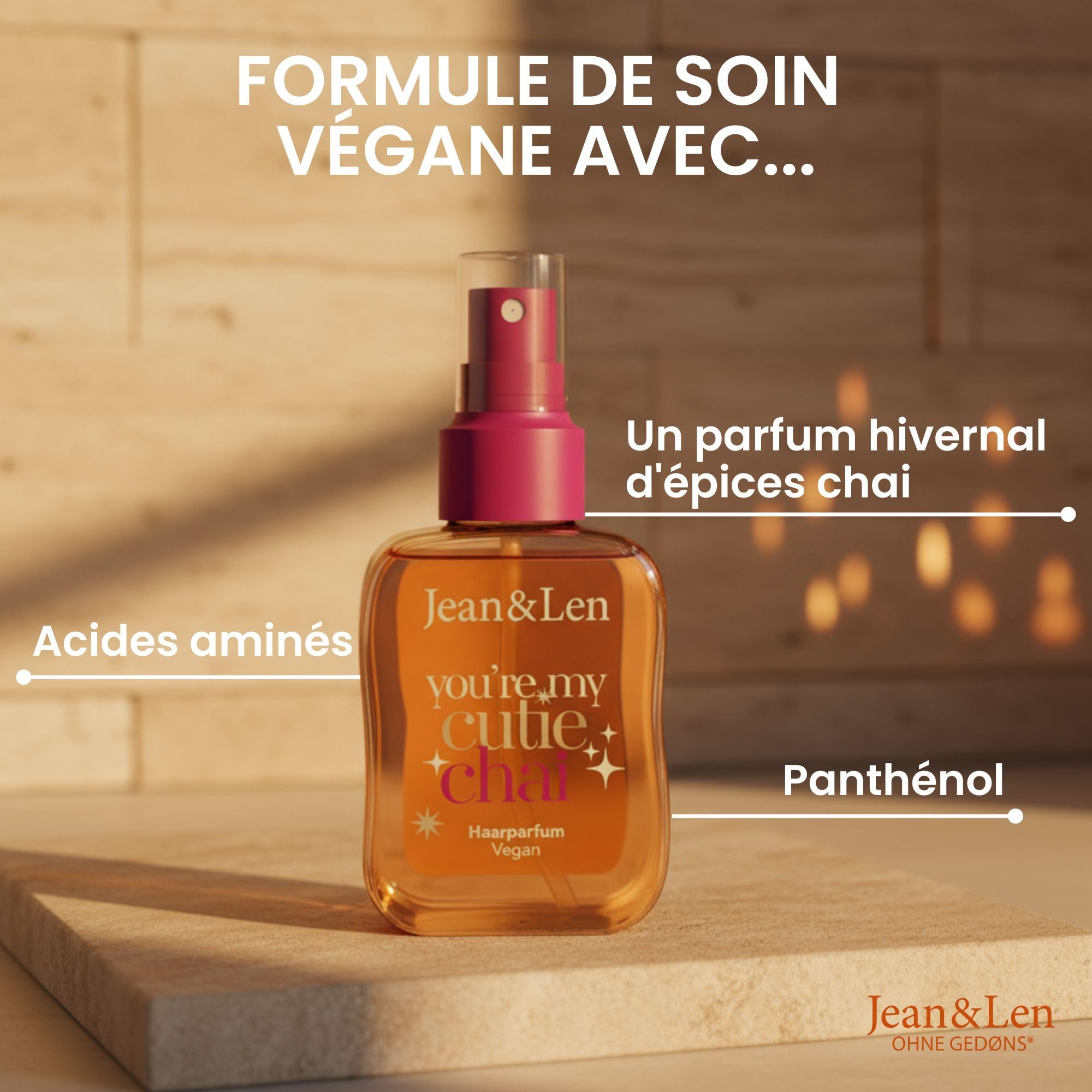 Jean & Len Parfum capillaire You're My Cutie Chai, formule nourrissante aux acides aminés & panthénol, parfum hivernal d'épices chai, vanille & orange, aux paillettes dorées, végane, 105 ml